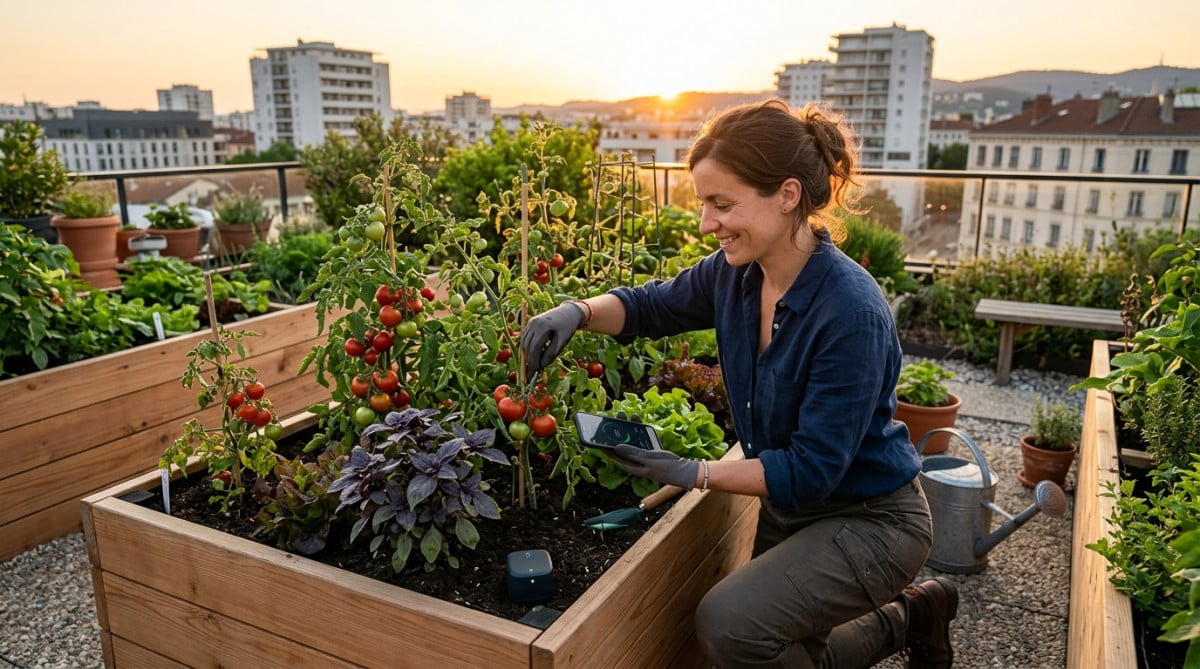 Jeune femme entretenant un potager urbain sur un toit en 2026