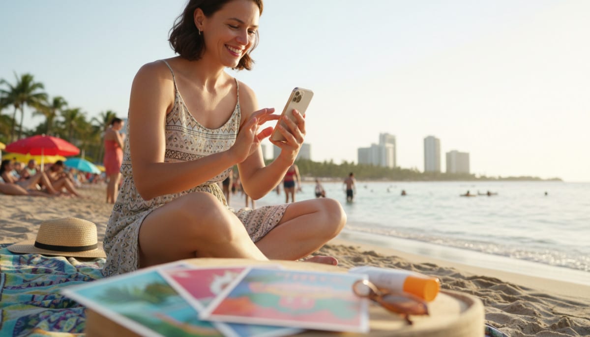 Jeune femme utilise smartphone plage