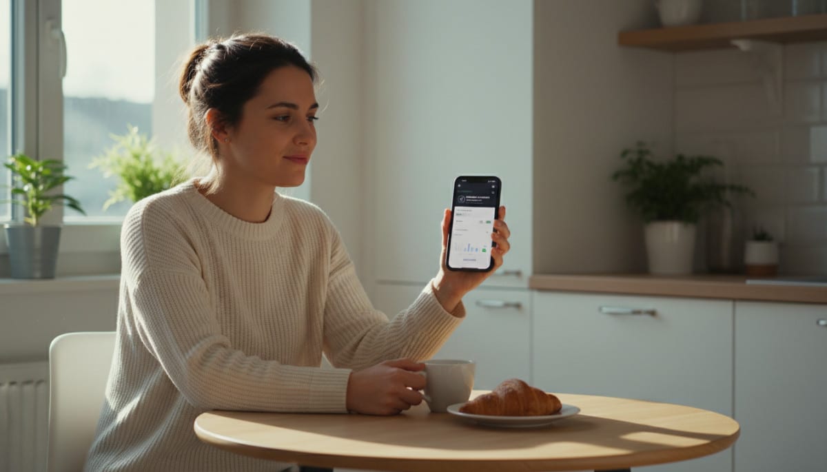 Jeune femme vérifiant son épargne sur application bancaire