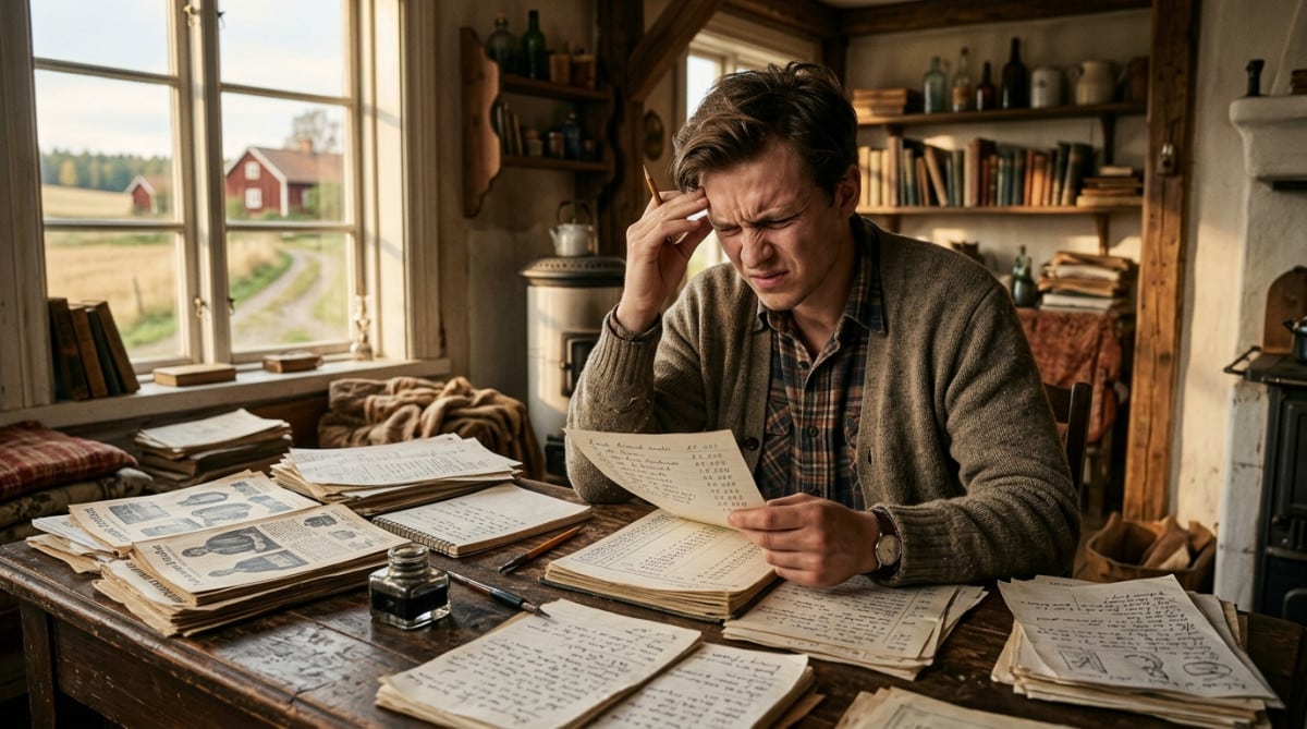 Jeune homme frustré devant des catalogues dans une ferme suédoise