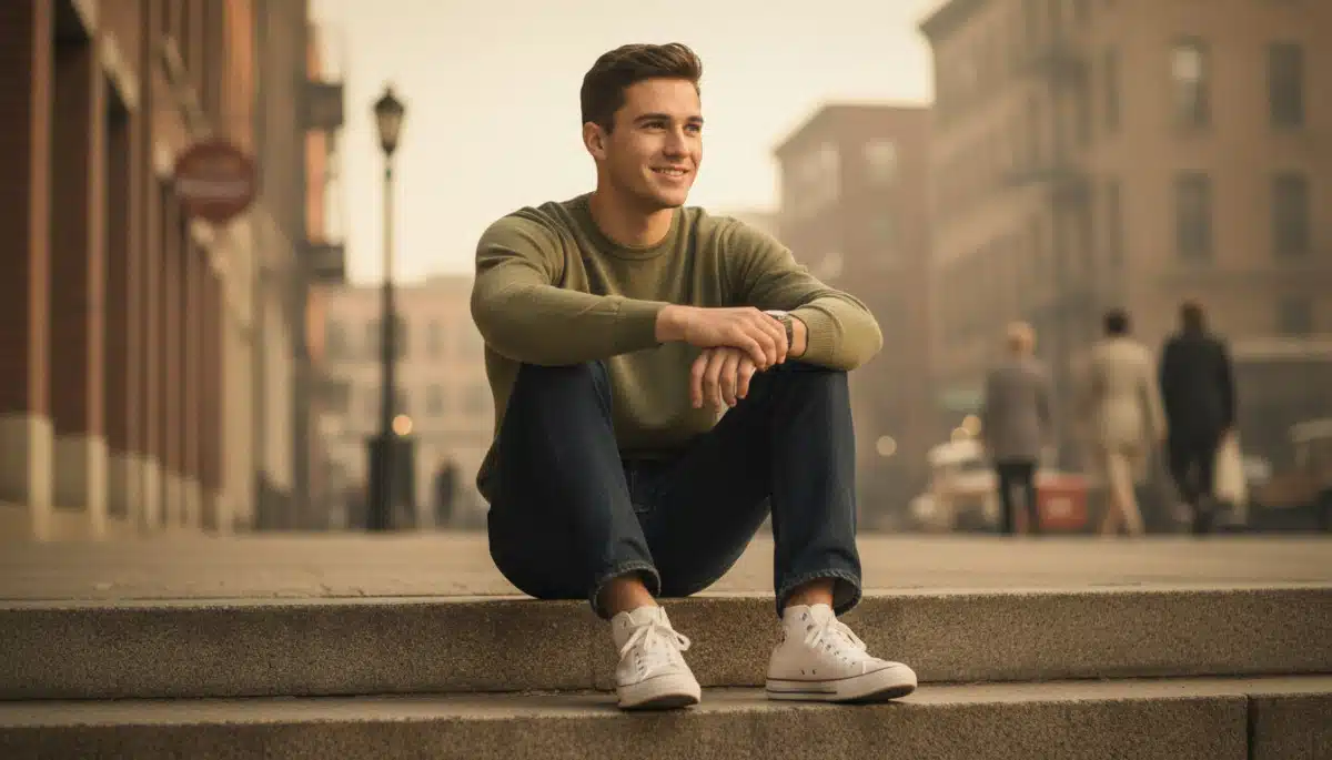 Jeune homme portant des Converse basses blanches en ville