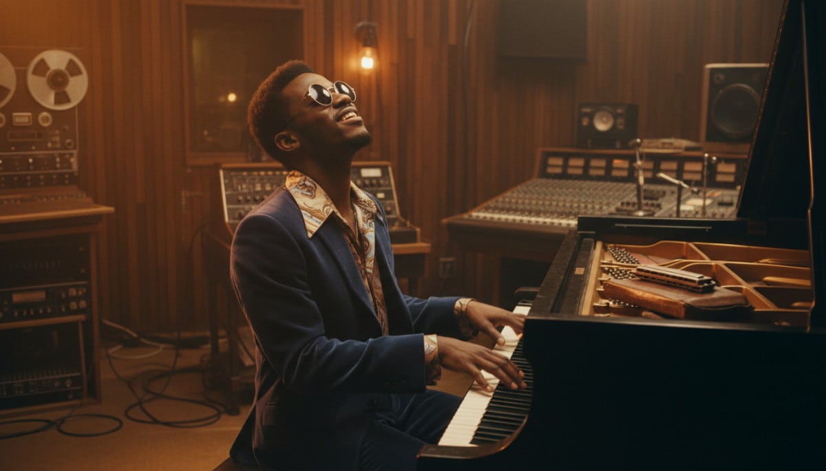 Jeune musicien aveugle jouant du piano avec passion années 1970
