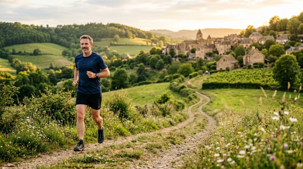 Jogger sur un chemin rural en Aveyron