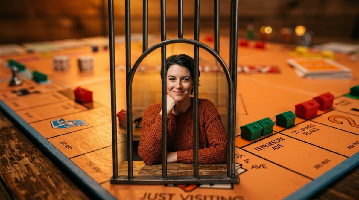 Joueur souriant derrière les barreaux de la prison du Monopoly