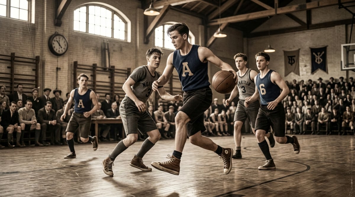 Joueurs de basketball en gymnase années 1920
