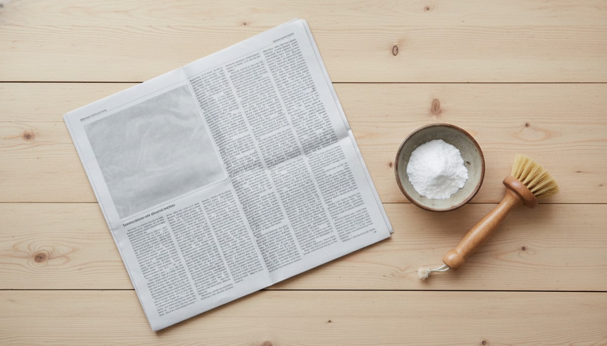 Journal et bicarbonate posés sur un sommier en bois