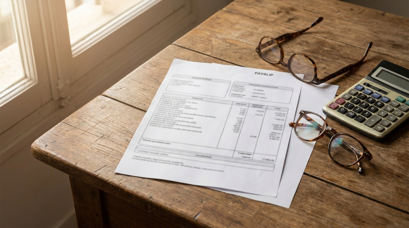 Fiche de paie posée sur un bureau en bois avec calculatrice