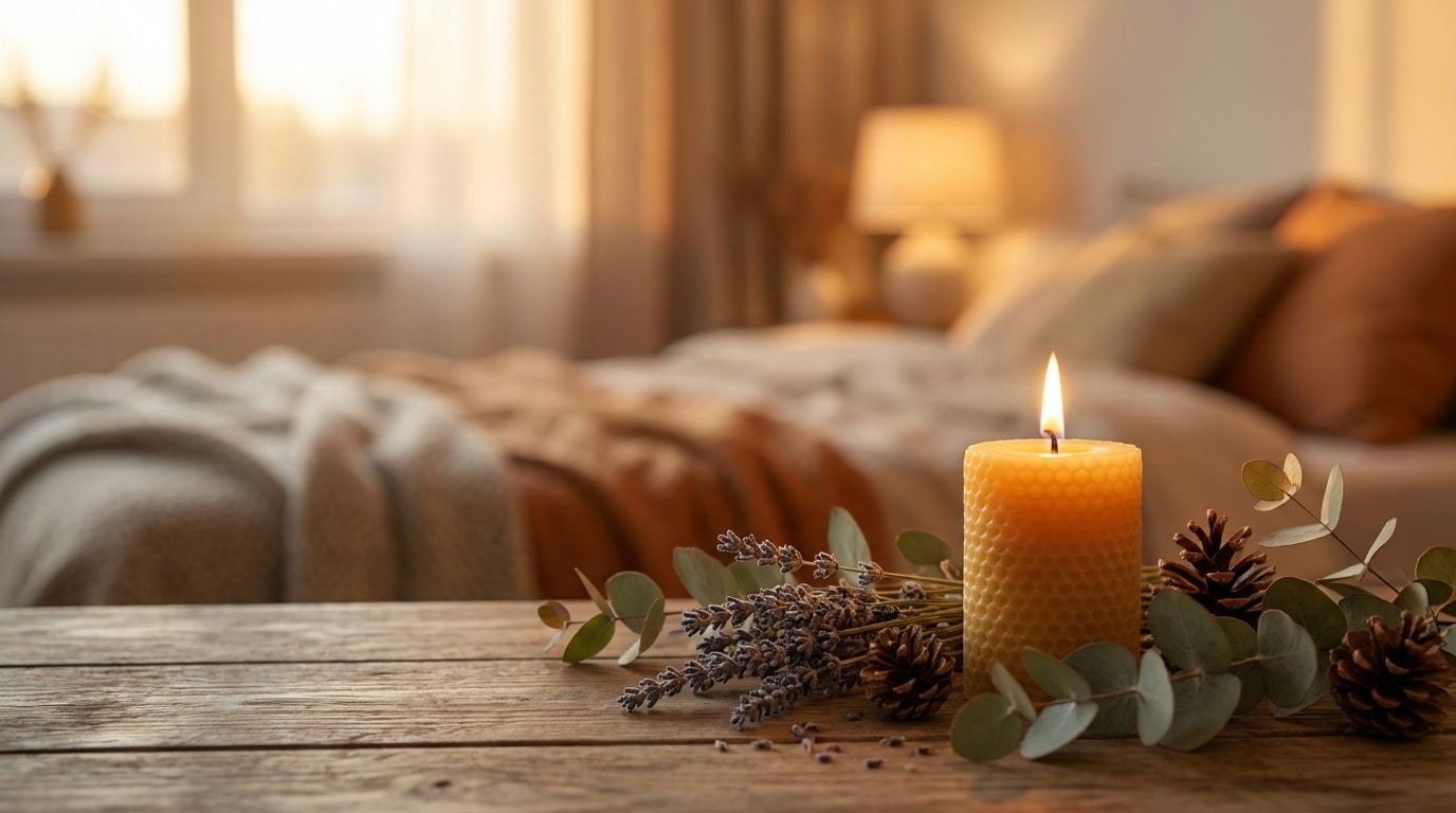 Bougie parfumée entourée de lavande et d'eucalyptus sur une table en bois