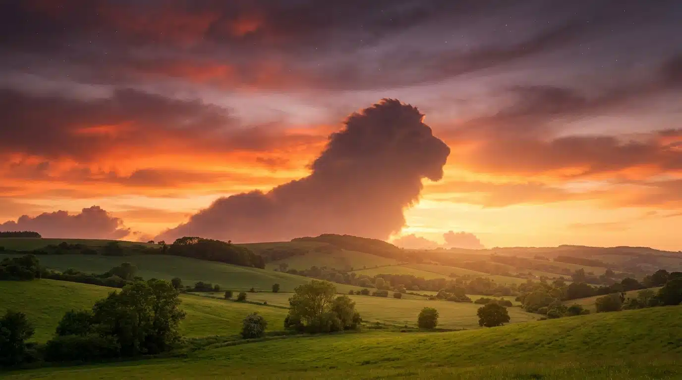 Ciel doré au coucher de soleil avec formation nuageuse en forme de lion