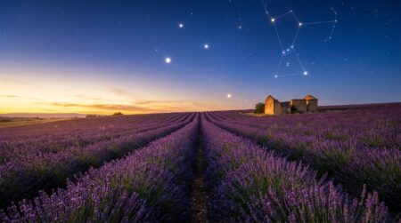Ciel étoilé avec planètes visibles au-dessus d'un champ de lavande