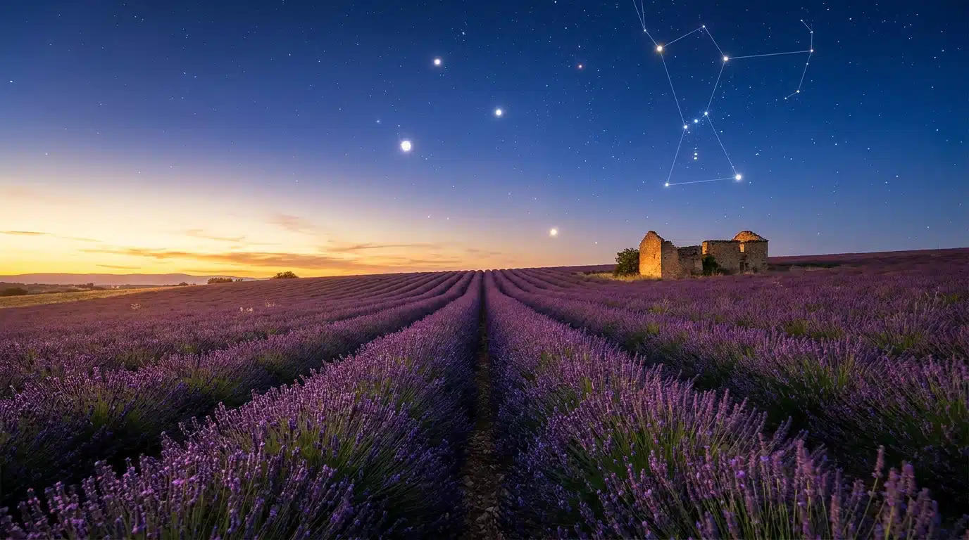 Ciel étoilé avec planètes visibles au-dessus d'un champ de lavande