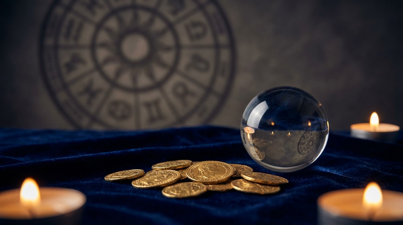 Pièces dorées et sphère de cristal sur velours sombre