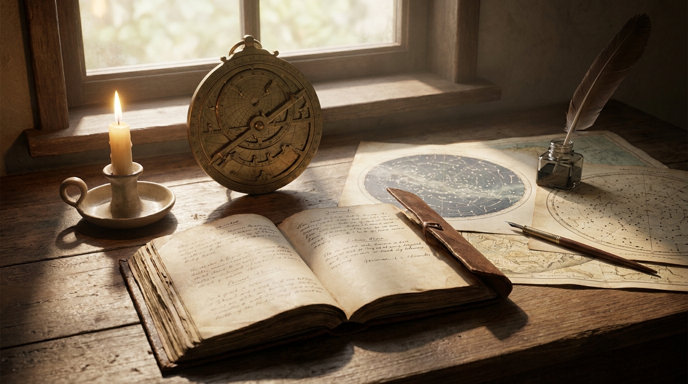 Astrolabe en laiton posé sur un bureau en bois à la lueur d'une bougie