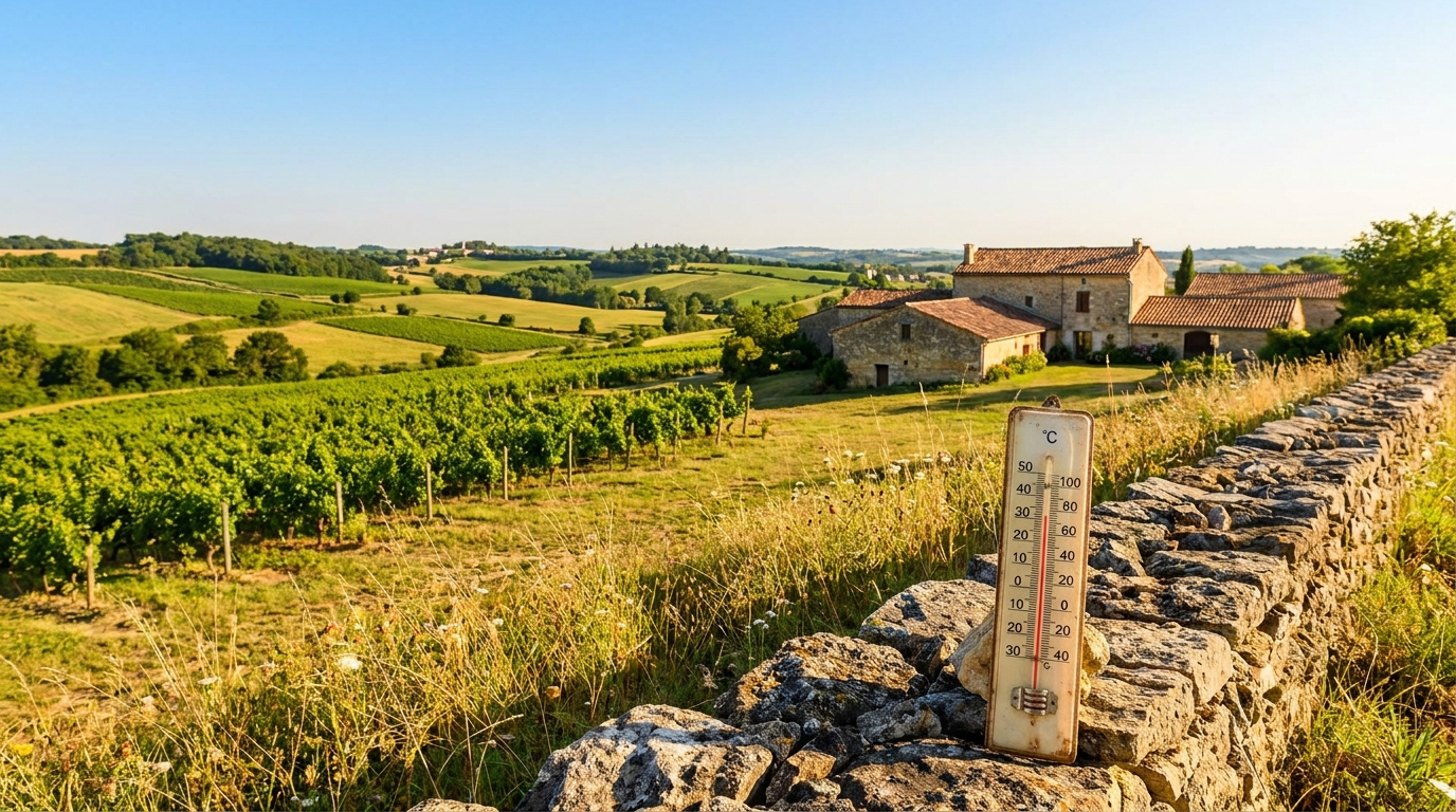 Paysage de campagne française ensoleillé avec thermomètre