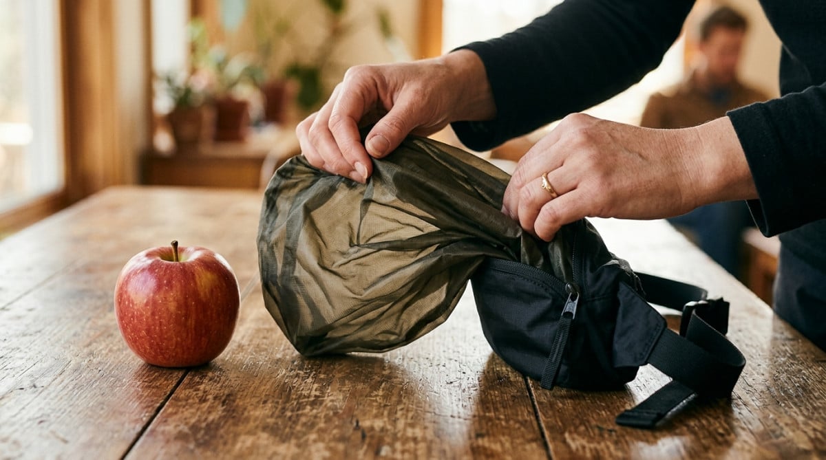 K-Way plié dans sa pochette à côté d'une pomme pour comparaison
