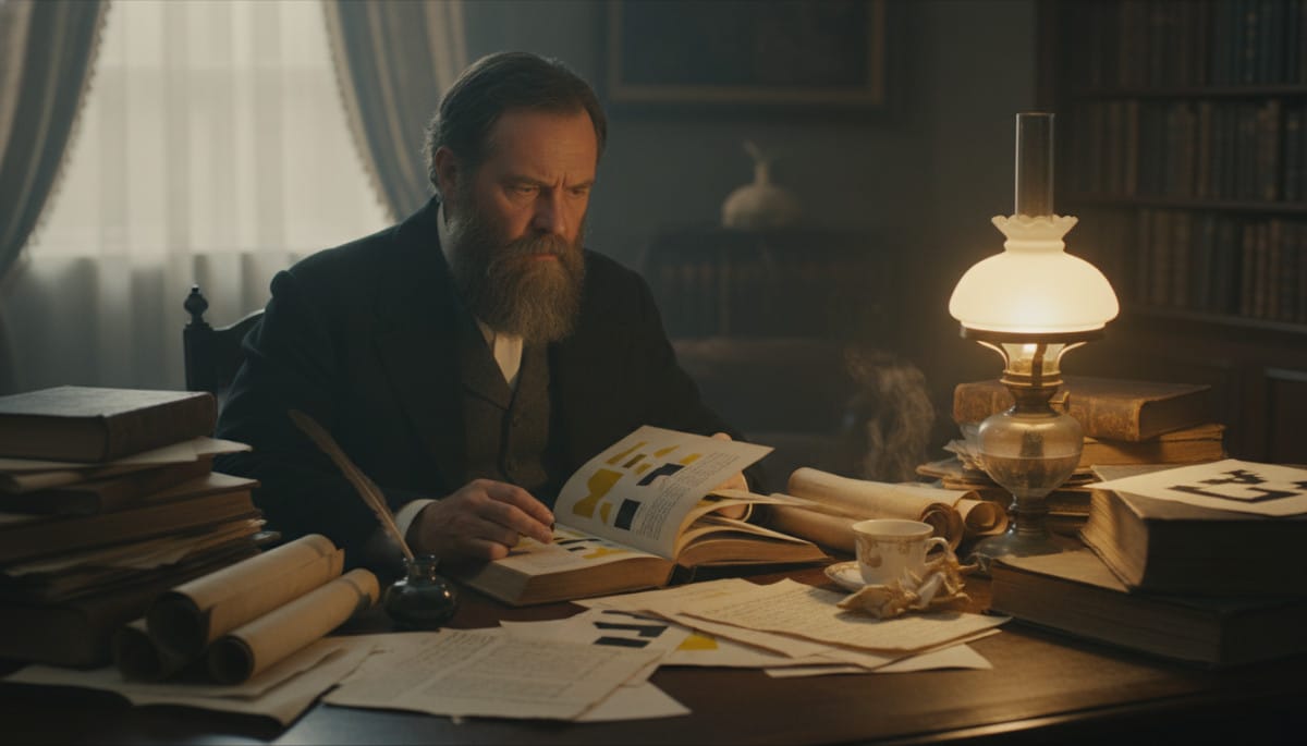 Karl Marx écrivant ses manuscrits à Londres au XIXe siècle