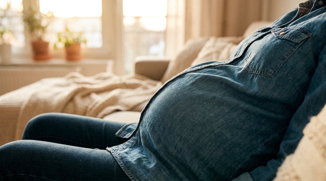 Ventre arrondi de femme enceinte en tenue en jean sous une lumière dorée