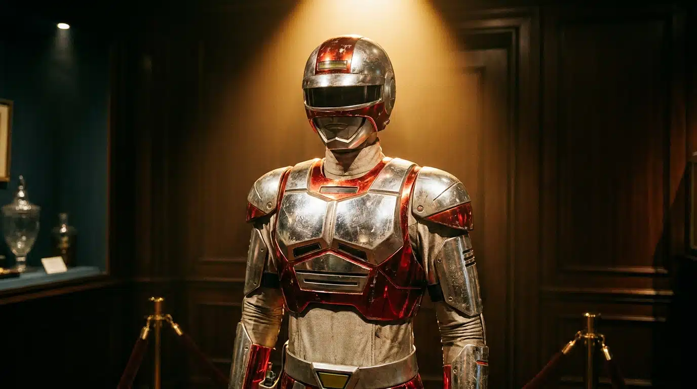 Armure métallique de super-héros japonais exposée sous un projecteur