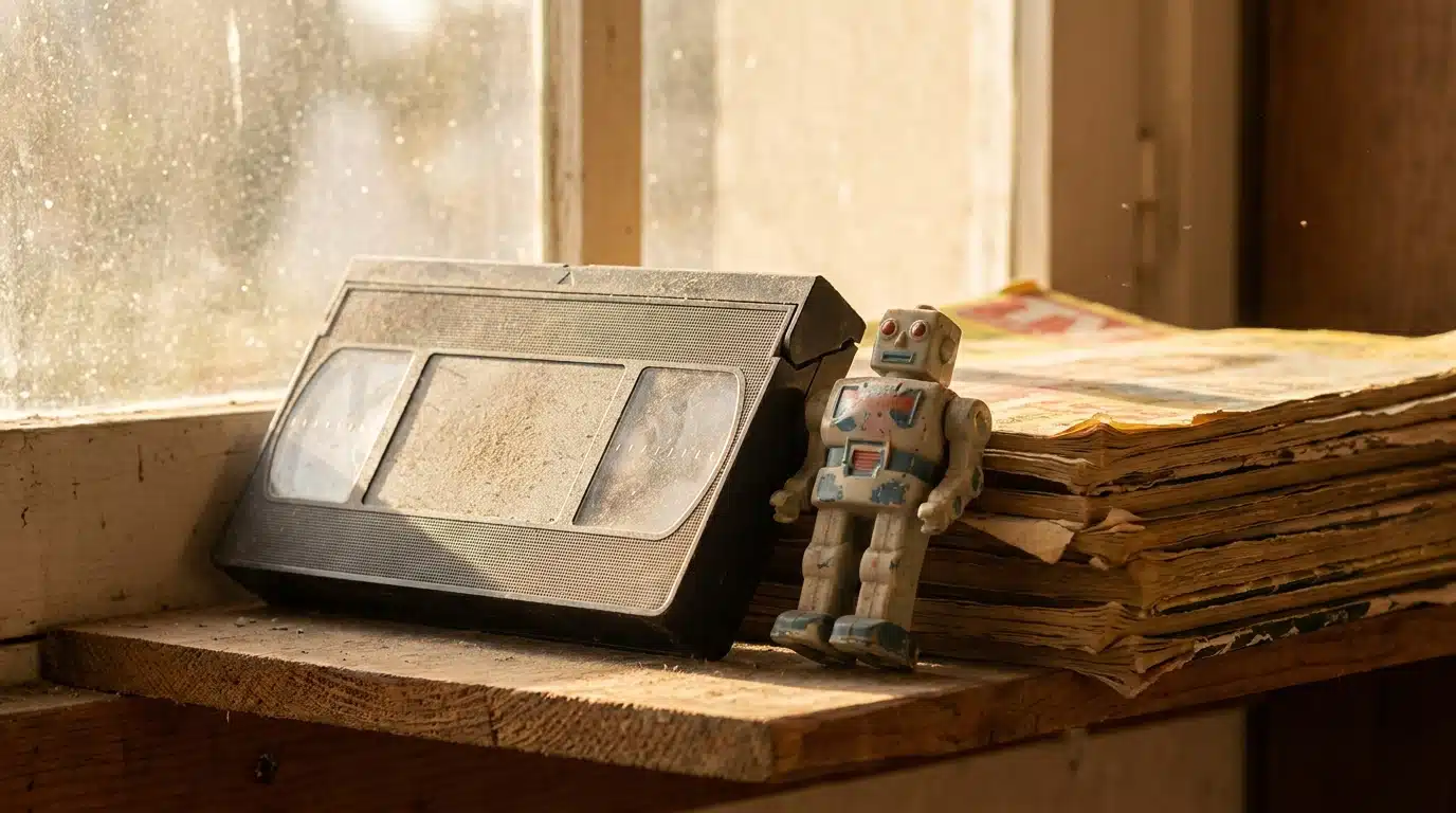 Cassette VHS et figurine robot vintage sur une étagère en bois