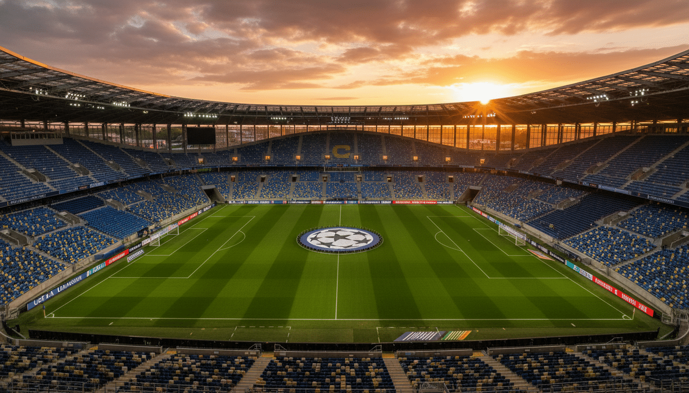 Vue aérienne d'un grand stade européen préparé pour une finale de Ligue des champions au coucher du soleil