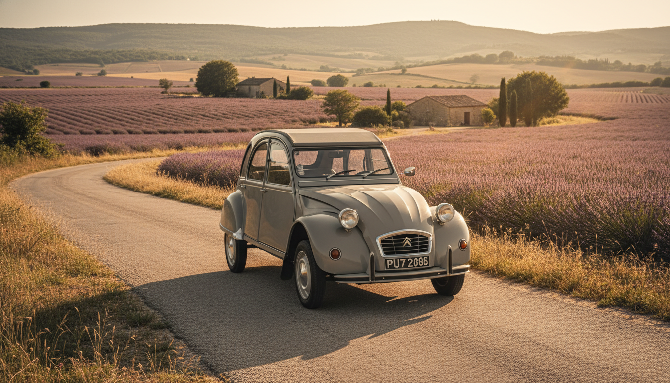 Citroën 2CV originale grise sur une route de campagne française