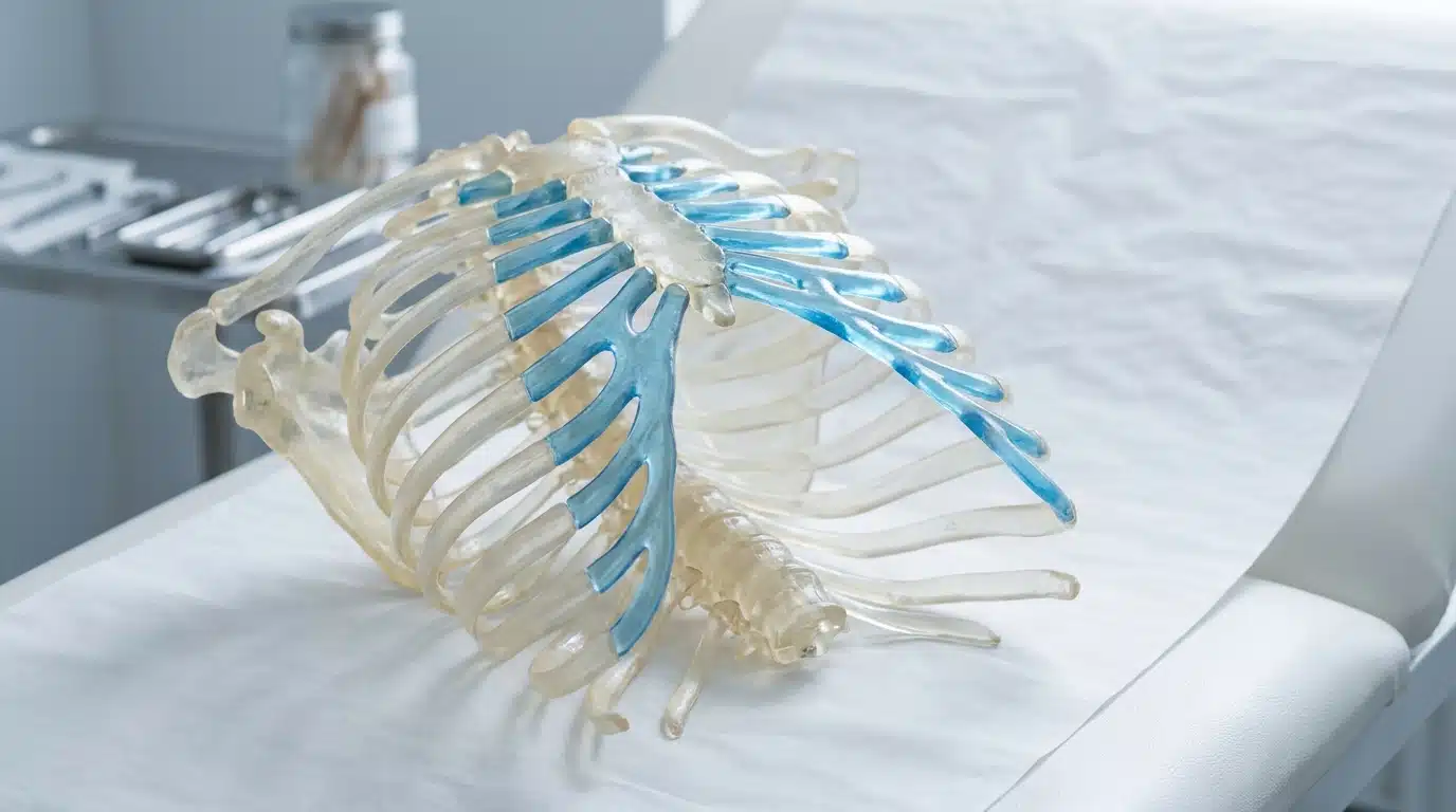 Modèle anatomique de cage thoracique montrant la zone de cartilage costal utilisée pour la greffe nasale