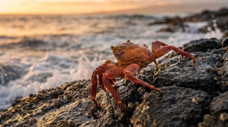 Crabe marchant de côté sur des rochers humides au bord de l'océan
