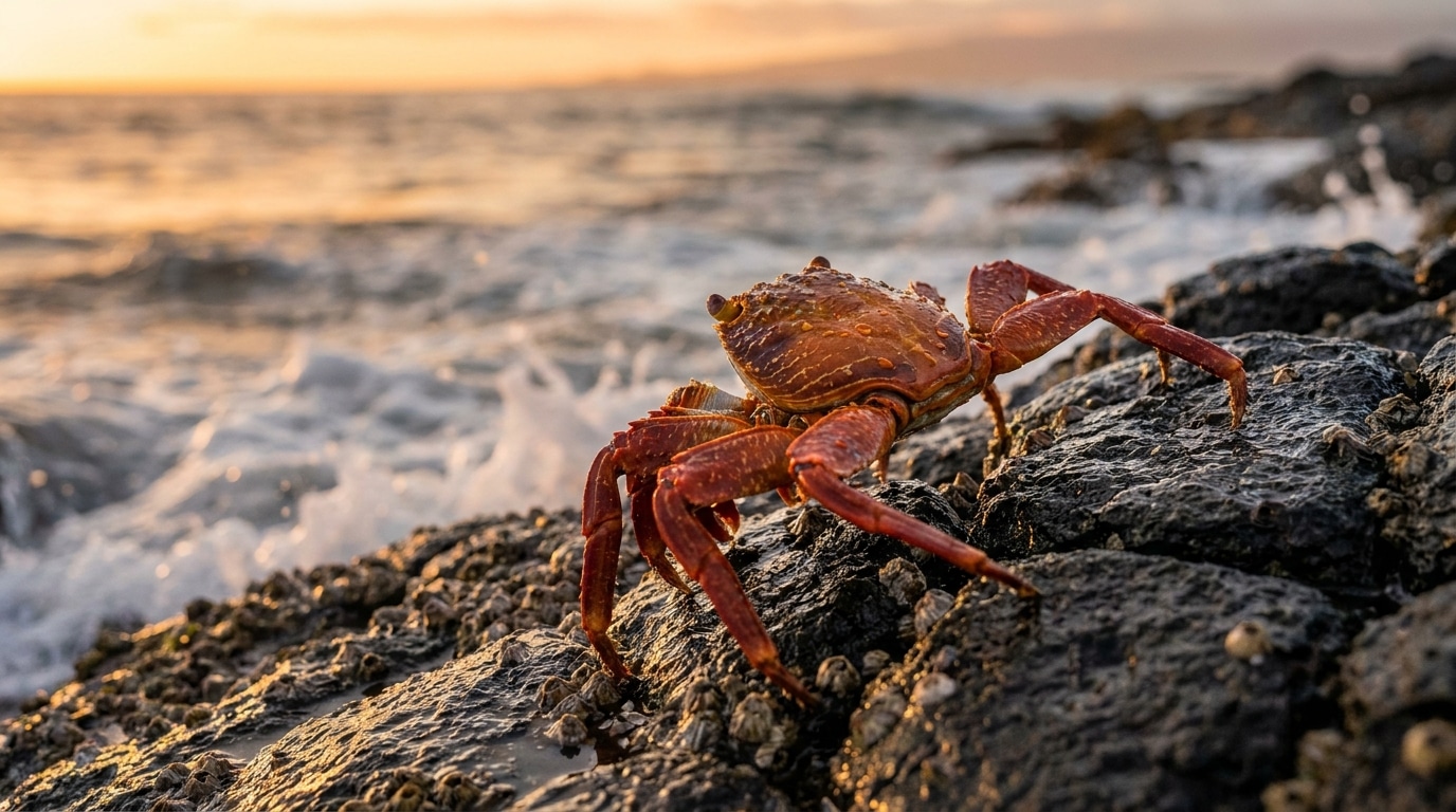 Crabe marchant de côté sur des rochers humides au bord de l'océan