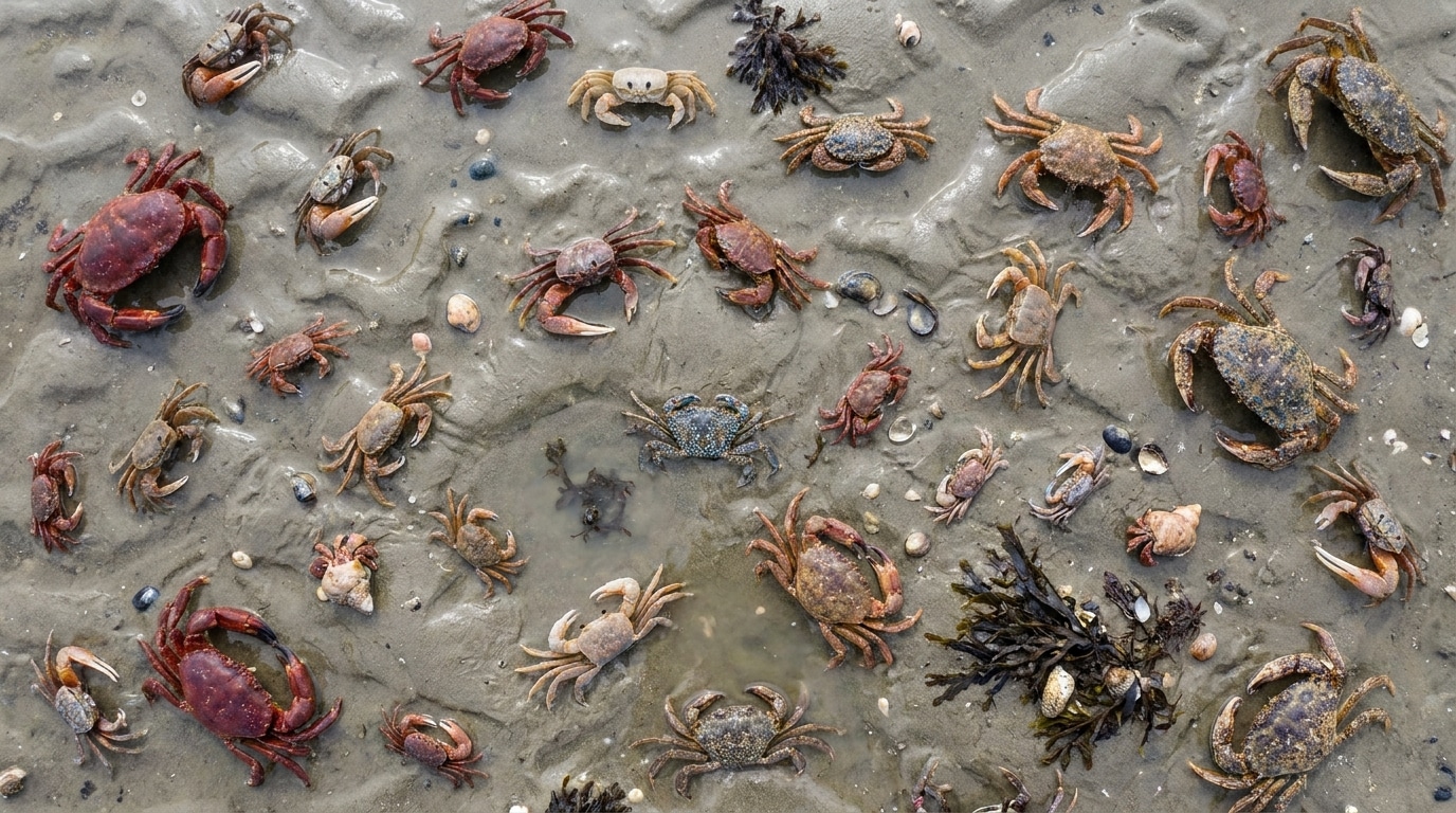 Plusieurs espèces de crabes rassemblées sur une plage de sable