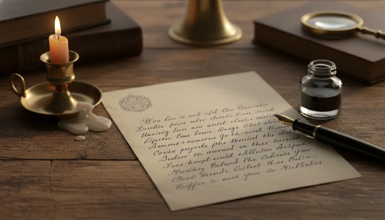 Lettre manuscrite posée sur un bureau en bois, ambiance années 90