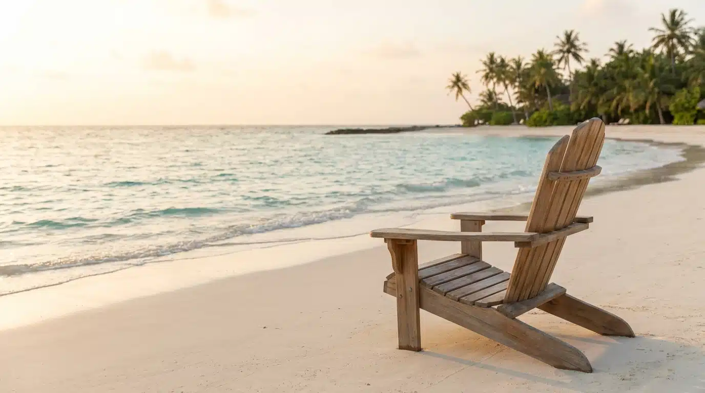 Chaise vide face à l'océan au coucher du soleil, ambiance mélancolique