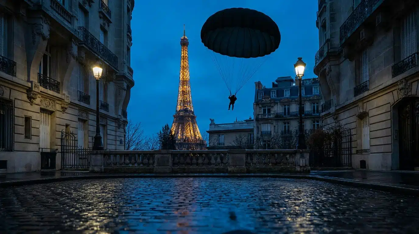 Silhouette de parachute descendant devant la Tour Eiffel de nuit