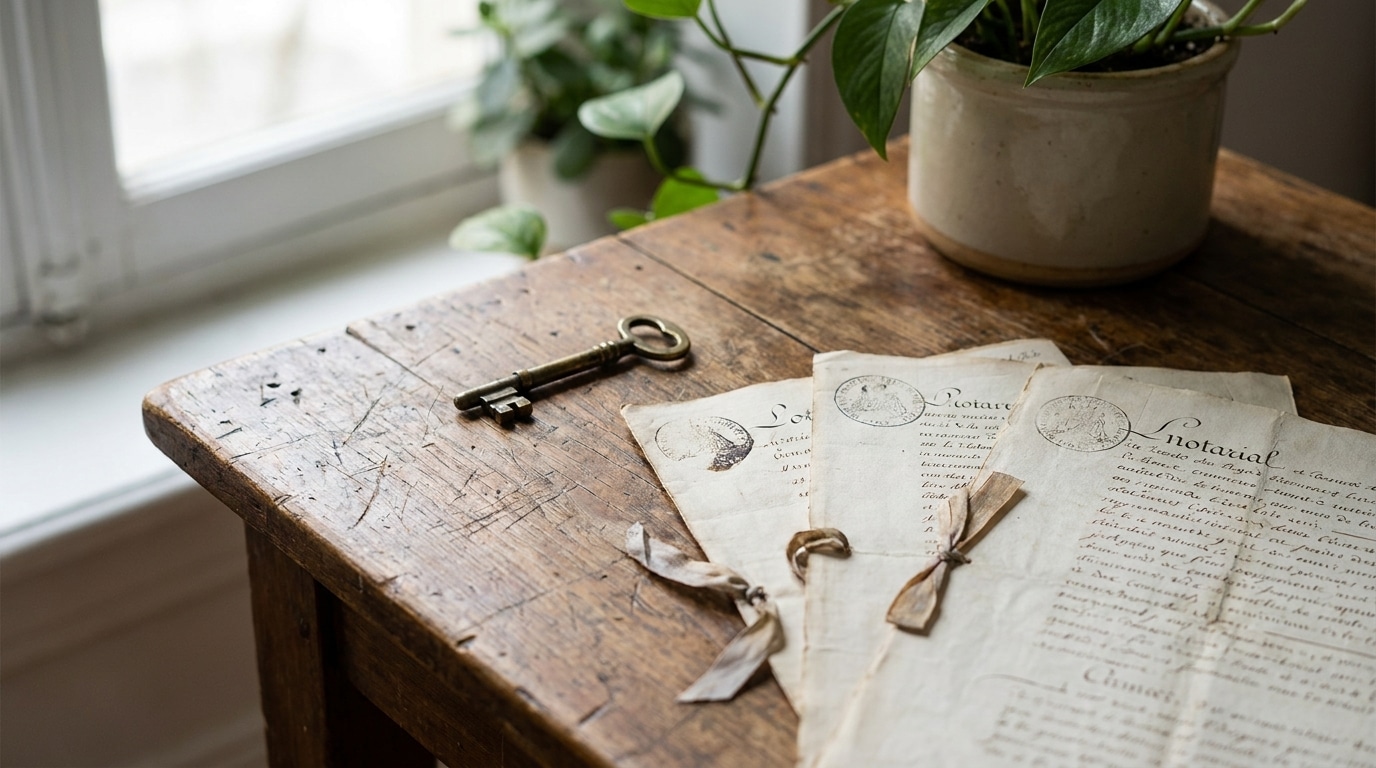 Clé ancienne et documents notariaux sur une table en bois