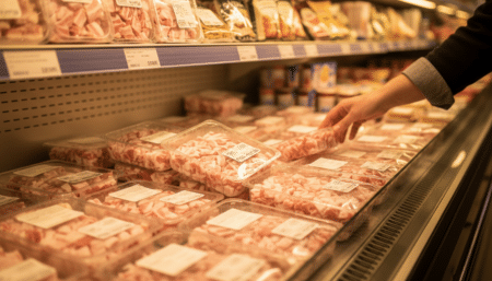 Barquettes de lardons fumés en rayon de supermarché