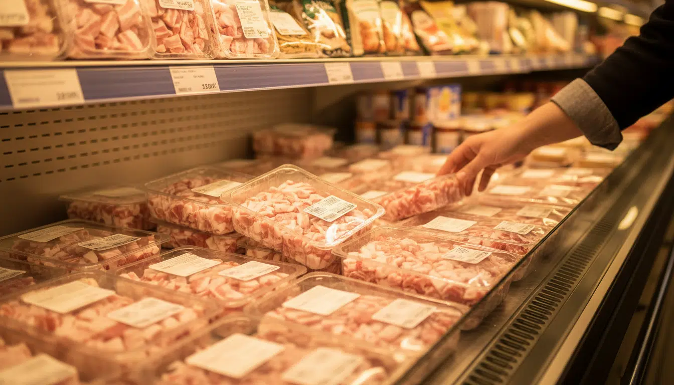 Barquettes de lardons fumés en rayon de supermarché