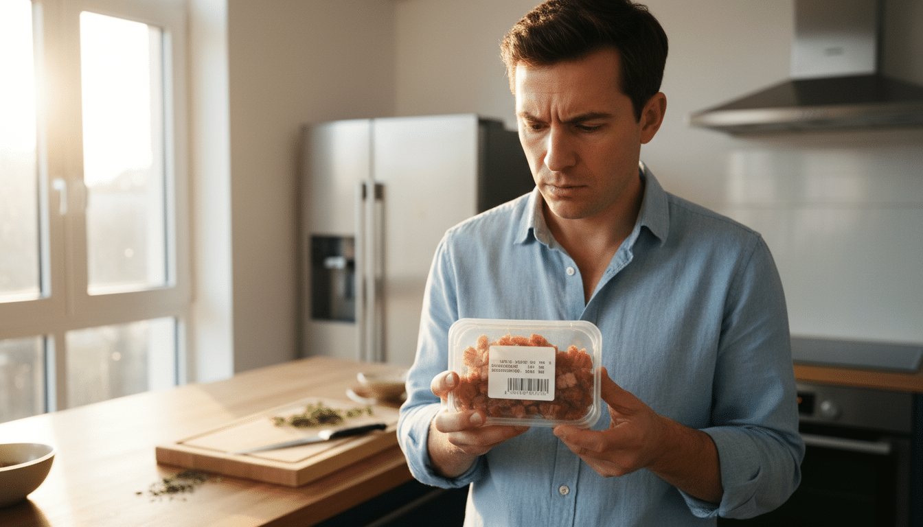 Personne vérifiant le numéro de lot sur des lardons Herta