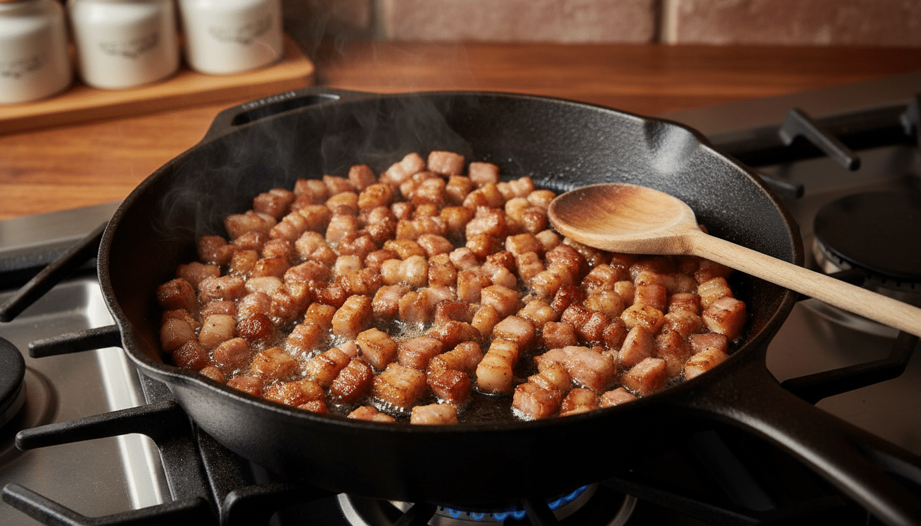 Lardons fumés en train de cuire dans une poêle en fonte