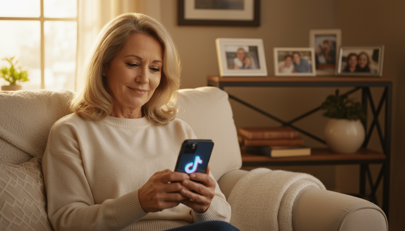 Kimberley regarde son téléphone avec un sourire plein d'espoir