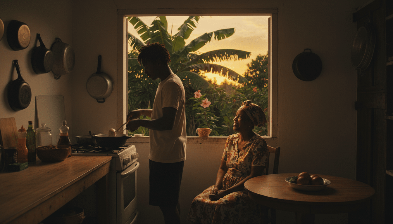 Jevor cuisine pour Kimberley dans leur maison en Jamaïque