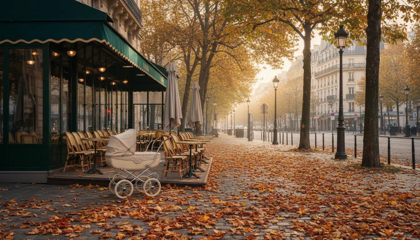 Poussette sur un trottoir parisien en automne, lumière mélancolique