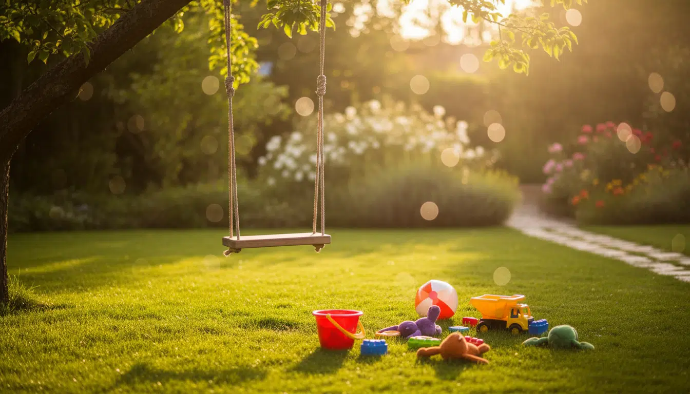 Jardin ensoleillé avec balançoire et jouets d'enfant à la lumière dorée