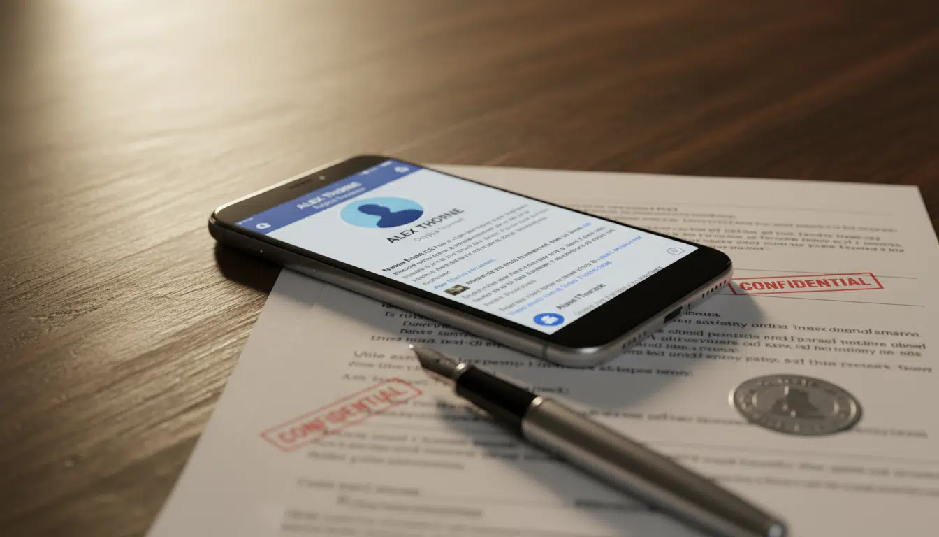 Smartphone affichant un faux profil Facebook sur un bureau avec des documents judiciaires