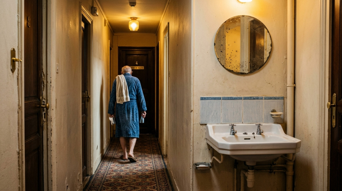Lavabo partagé dans le couloir d'un hôtel français des années 60