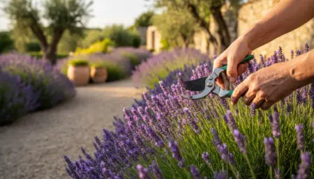 Mains tenant un sécateur devant un pied de lavande en fleur