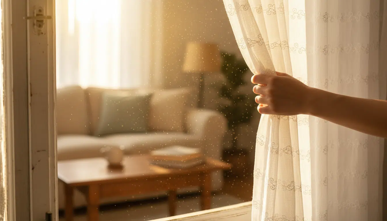 Femme soulevant un voilage devant une fenêtre ensoleillée avec pollen visible