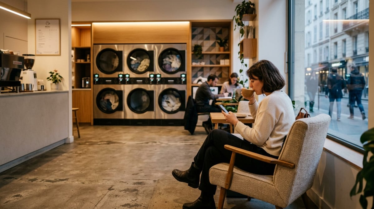 Laverie moderne café avec cliente et smartphone en 2026