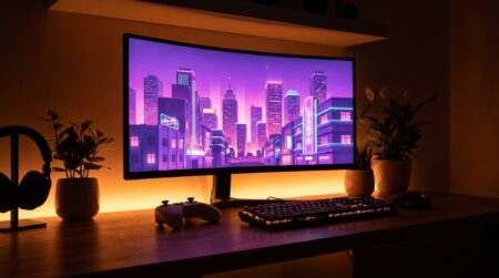 Setup gaming nocturne avec écran affichant une ville néon