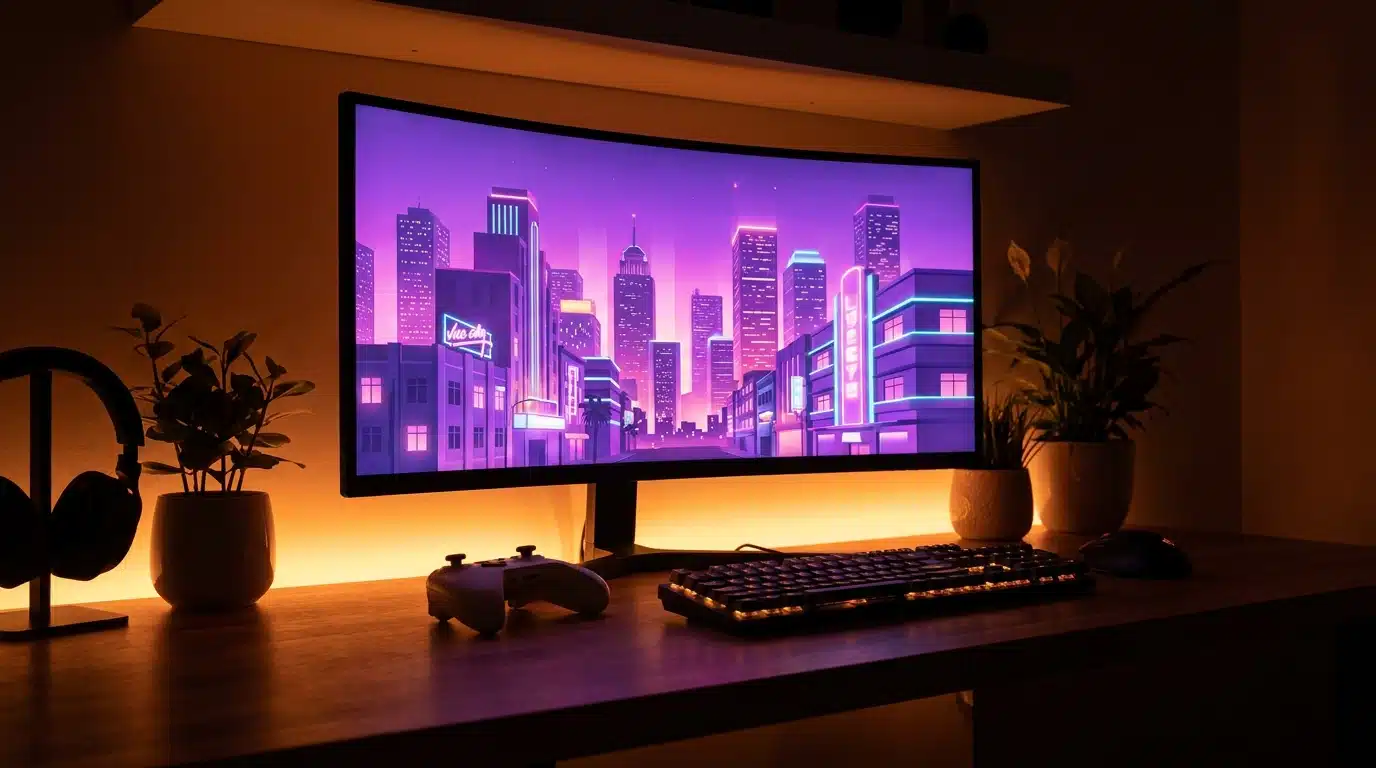Setup gaming nocturne avec écran affichant une ville néon