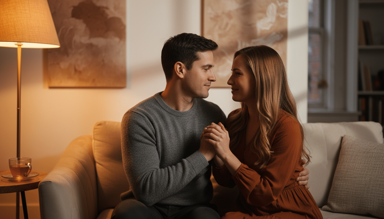 Couple en conversation intime sous une lumière dorée