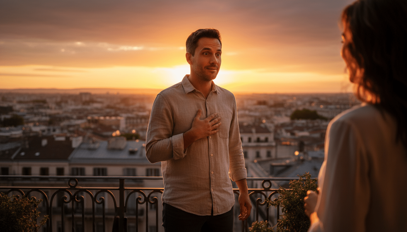 Homme redécouvrant son partenaire sur un balcon au coucher du soleil